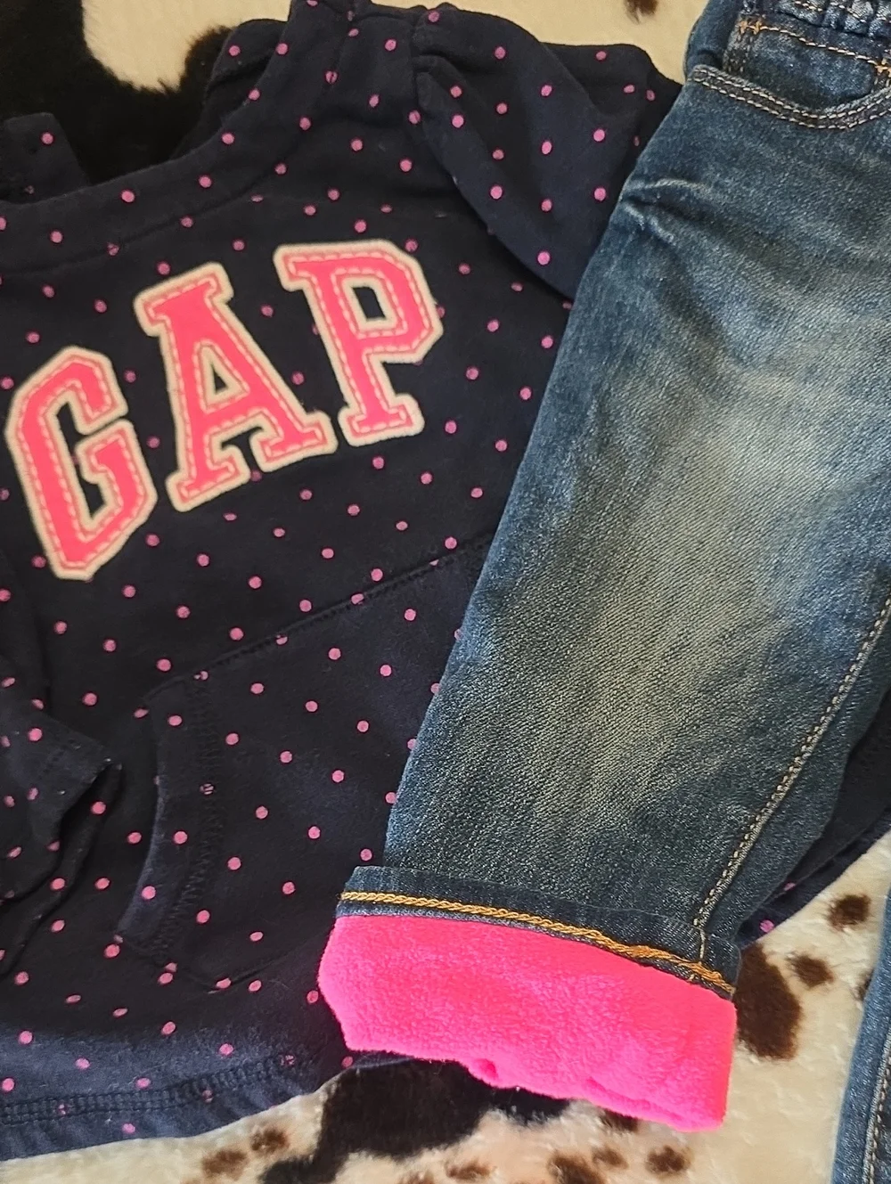 GAP Girls' Navy Polka Dot Hoodie with Pink Trim Jeans Lined Bundle Lot